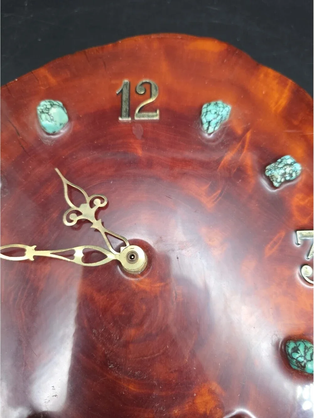 Vintage 1970's Antique Wood Slab Turquoise Stone  Clock